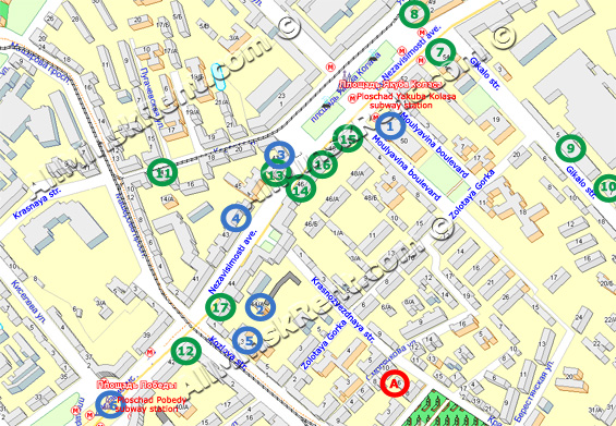 Map of Minsk: locate the studio apartment ID #1 on Krasnozvezdnaya street and places of interest around