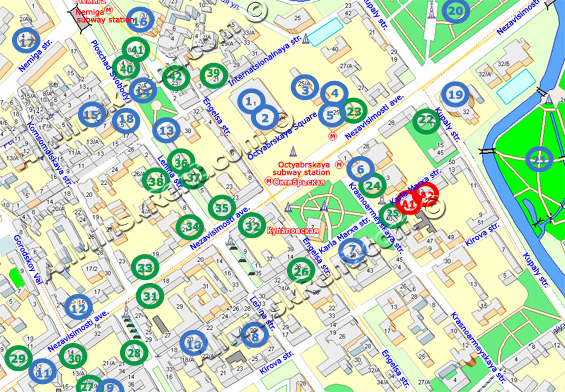 Street map of the center of Minsk, Belarus. Location of the apartment rentals no. 5 and 12