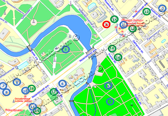Victory Square and places of interest around the apartment for rent no. 4 on Minsk map