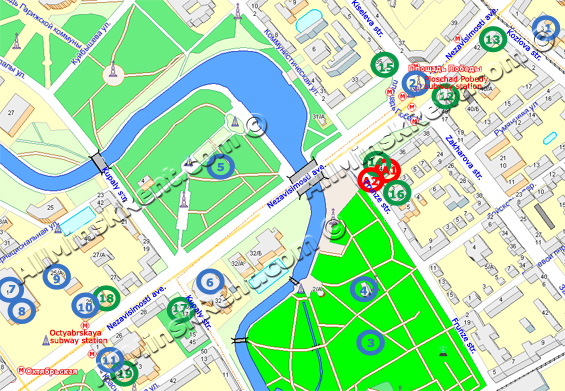Map of Victory Square, Gorky park, Kupalovsky park and surroundings